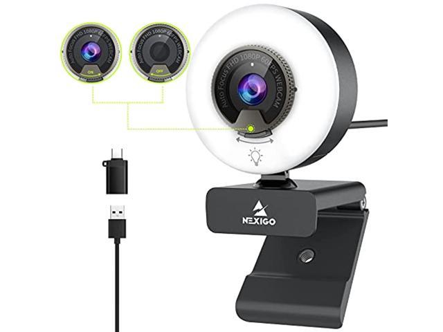 60fps 1080p webcam with ring light, fast autofocus, built-in privacy cover, 2021 nexigo n960e usb fhd web computer camera, dual stereo microphone.