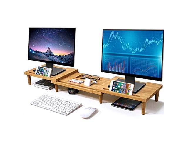 pezin & hulin bamboo dual monitor stand riser for desk organizer, adjustable length and angle multi(1/2/3) screen stand, office wood desktop stand.