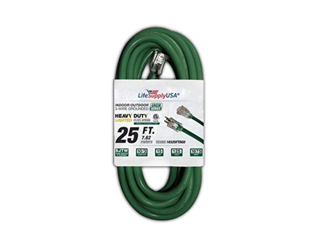 25 ft extension cord 10/3 sjtw with lighted end - dark green- indoor / outdoor heavy duty extra durability 15 amp 125 volts 1875 watts etl listed -...
