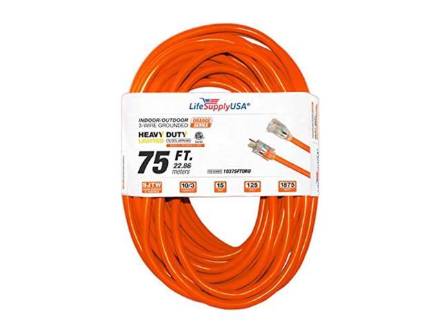75 ft extension cord 10/3 sjtw with lighted end - orange- indoor / outdoor heavy duty extra durability 15 amp 125 volts 1875 watts etl listed - by...