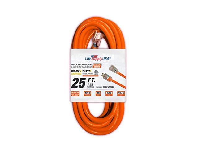 25 ft extension cord 10/3 sjtw with lighted end - orange- indoor / outdoor heavy duty extra durability 15 amp 125 volts 1875 watts etl listed - by...