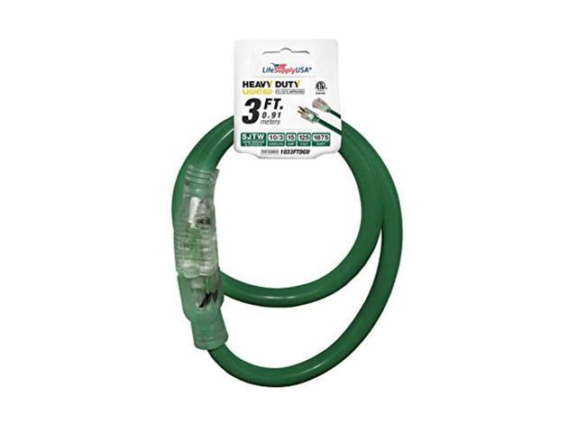 3 ft extension cord 10/3 sjtw with lighted end - dark green- indoor / outdoor heavy duty extra durability 15 amp 125 volts 1875 watts etl listed -...