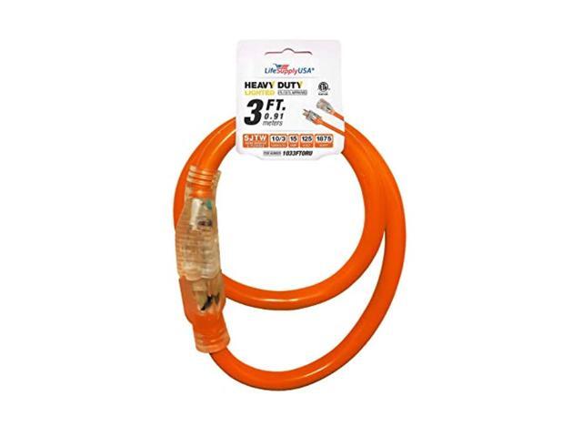 3 ft extension cord 10/3 sjtw with lighted end - orange- indoor / outdoor heavy duty extra durability 15 amp 125 volts 1875 watts etl listed - by...