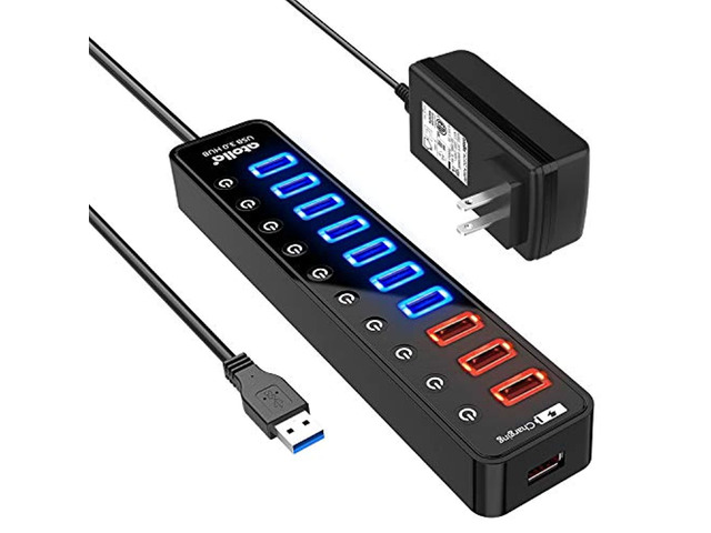 powered usb 3.0 hub, atolla usb 3.0 data hub 11 ports - 7 usb 3.0 data ports + 4 smart charging port with individual on/off switches and 12v/4a...