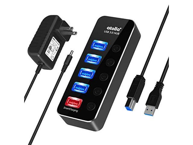 powered usb hub, atolla aluminum 5-port usb 3.0 hub with 4 usb 3.0 data ports and 1 usb smart charging port, usb splitter with 5v/3a power adapter.