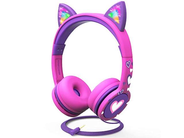 FosPower Wired Kids Headphones with Cord, LED Cat Ears, Foldable Light Up On Ear Headphones for Kids School iPad Tablet with 3.5mm - Hot Pink / Purple
