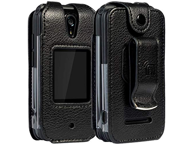 case for schok flip phone, nakedcellphone brand [black vegan leather] form-fit cover with [built-in screen protection] and [metal belt clip] for...