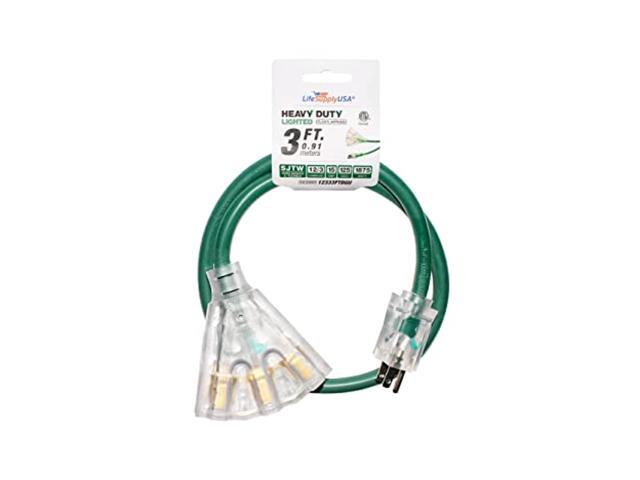 3 ft extension cord 12/3 3-outlet sjtw with lighted end - green - indoor / outdoor heavy duty extra durability 15amp 125v 1875w etl listed by...