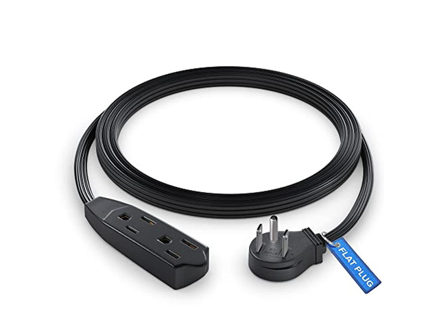 maximm cable 3 feet flat plug extension cord/wire, multi outlet - 3 prong angled plug extension cord - black