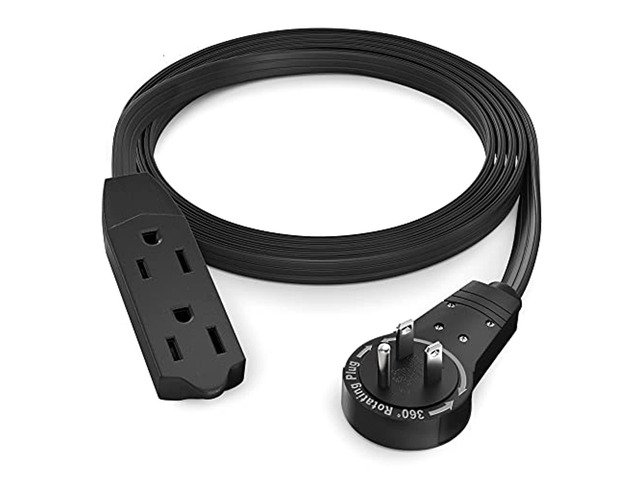 maximm cable 4 ft 360 rotating flat plug extension cord / wire, 16 awg multi 3 outlet extension wire, 3 prong grounded wire - black - ul listed