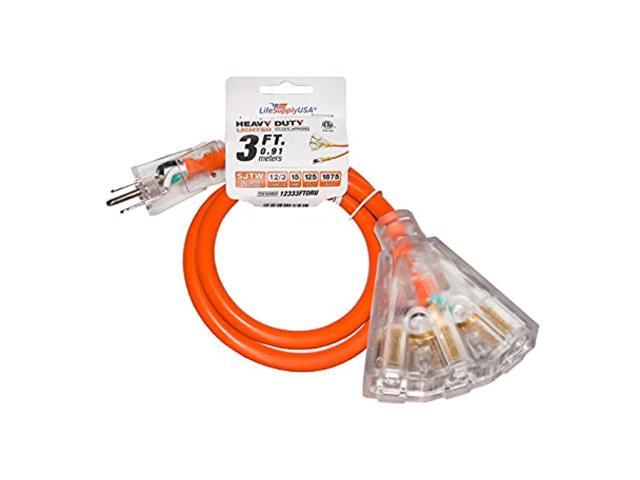 3 ft extension cord 12/3 3-outlet sjtw with lighted end - orange - indoor / outdoor heavy duty extra durability 15amp 125v 1875w etl listed by...