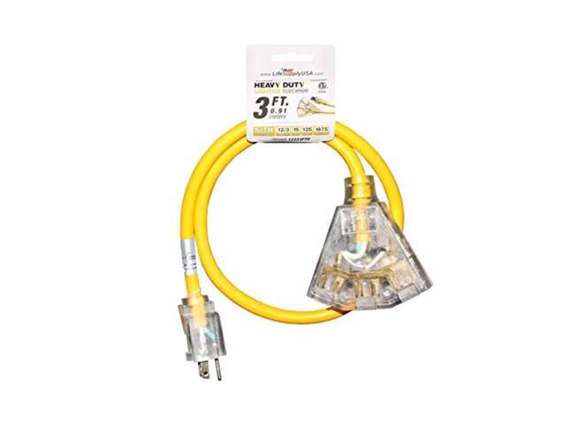 3 ft extension cord 12/3 3-outlet sjtw with lighted end - yellow - indoor / outdoor heavy duty extra durability 15amp 125v 1875w etl listed by...