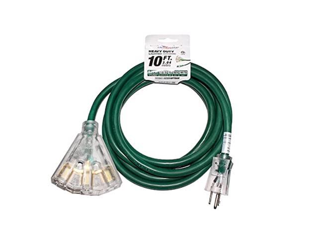 10 ft extension cord 12/3 3-outlet sjtw with lighted end - green - indoor / outdoor heavy duty extra durability 15amp 125v 1875w etl listed by...