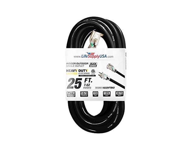 25 ft extension cord 16/3 sjtw with lighted end - black - indoor / outdoor heavy duty extra durability 13amp 125v 1625w etl listed by lifesupplyusa