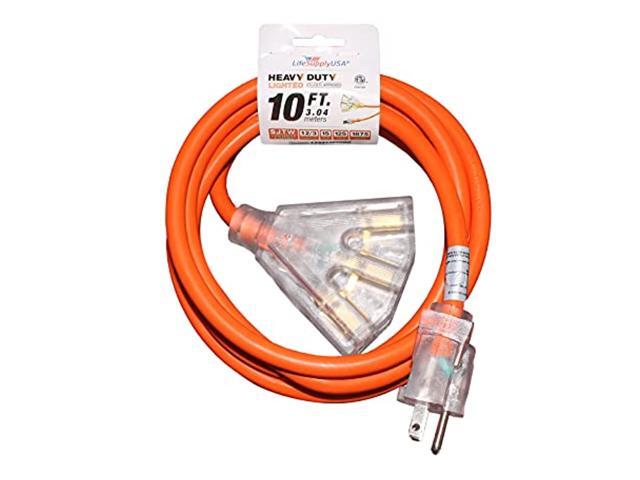 10 ft extension cord 12/3 3-outlet sjtw with lighted end - orange - indoor / outdoor heavy duty extra durability 15amp 125v 1875w etl listed by.