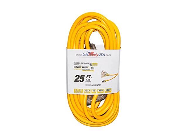 25 ft extension cord 12/3 3-outlet sjtw with lighted end - yellow - indoor / outdoor heavy duty extra durability 15amp 125v 1875w etl listed by.