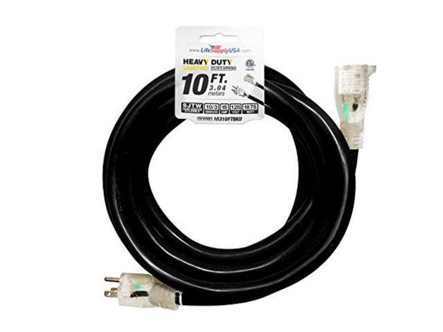 10 ft extension cord 10/3 sjtw with lighted end - black - indoor / outdoor heavy duty extra durability 15amp 125v 1875w etl listed by lifesupplyusa