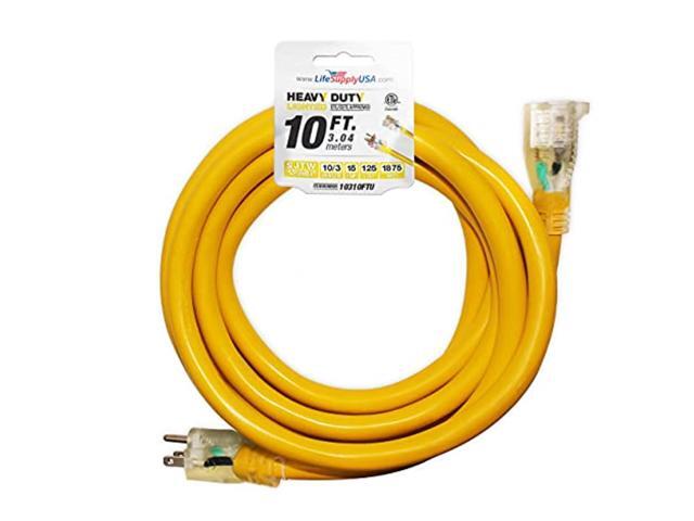10 ft extension cord 10/3 sjtw with lighted end - yellow - indoor / outdoor heavy duty extra durability 15amp 125v 1875w etl listed by lifesupplyusa
