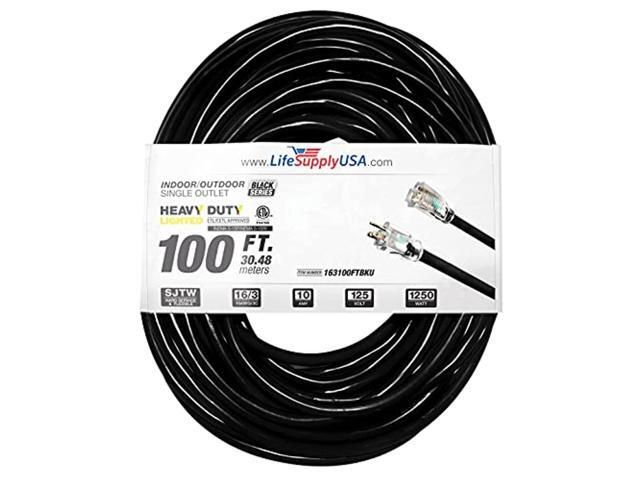 100 ft extension cord 16/3 sjtw with lighted end - black - indoor / outdoor heavy duty extra durability 10amp 125v 1250w etl listed by lifesupplyusa
