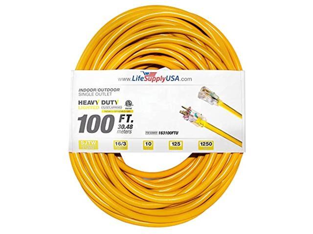 100 ft extension cord 16/3 sjtw with lighted end - yellow - indoor / outdoor heavy duty extra durability 10amp 125v 1250w etl listed by lifesupplyusa
