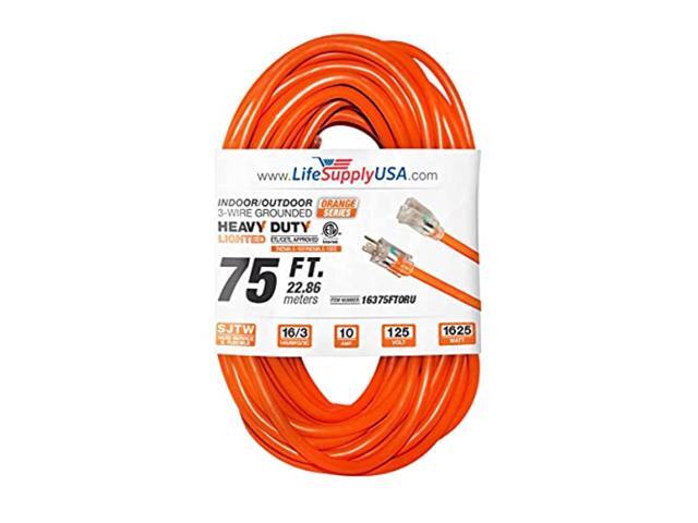 75 ft extension cord 16/3 sjtw with lighted end - orange - indoor / outdoor heavy duty extra durability 10amp 125v 1625w etl listed by lifesupplyusa