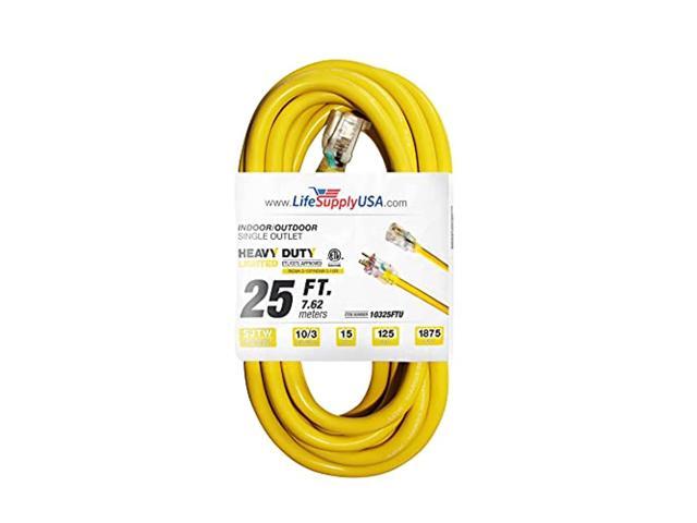 25 ft extension cord 10/3 sjtw with lighted end - yellow - indoor / outdoor heavy duty extra durability 15amp 125v 1875w etl listed by lifesupplyusa