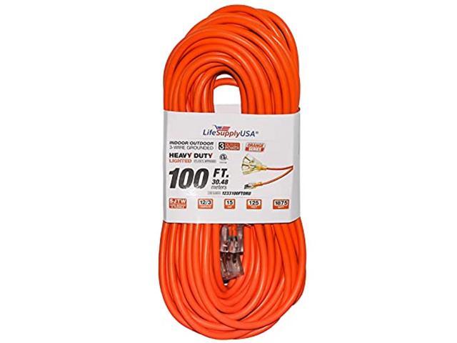 100 ft extension cord 12/3 3-outlet sjtw with lighted end - orange - indoor / outdoor heavy duty extra durability 15amp 125v 1875w etl listed by.