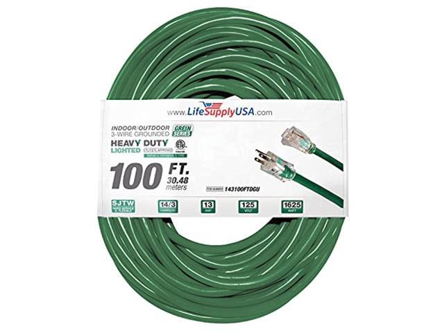100 ft extension cord 14/3 sjtw with lighted end - green - indoor / outdoor heavy duty extra durability 13amp 125v 1625w etl listed by lifesupplyusa