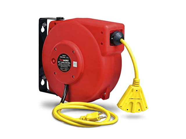 reelworks extension cord reel retractable, 14awg x 40' ft 3c sjt, wall mount kit, 3 outlet/triple tap connector