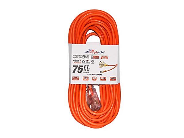 75 ft extension cord 12/3 3-outlet sjtw with lighted end - orange - indoor / outdoor heavy duty extra durability 15amp 125v 1875w etl listed by.