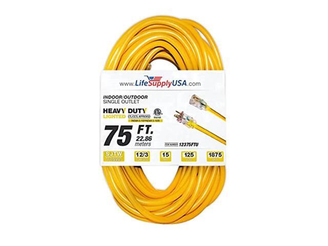 75 ft extension cord 12/3 sjtw with lighted end - yellow - indoor / outdoor heavy duty extra durability 15amp 125v 1875w etl listed by lifesupplyusa