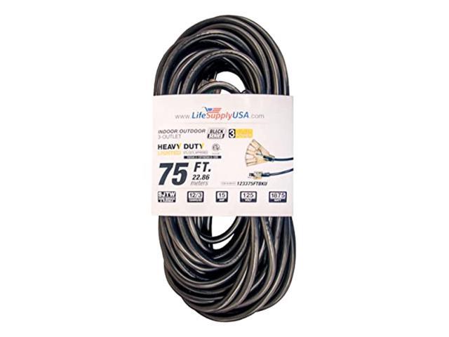 75 ft extension cord 12/3 3-outlet sjtw with lighted end - black - indoor / outdoor heavy duty extra durability 15amp 125v 1875w etl listed by...