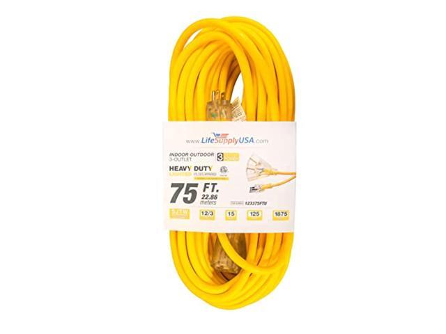 75 ft extension cord 12/3 3-outlet sjtw with lighted end - yellow - indoor / outdoor heavy duty extra durability 15amp 125v 1875w etl listed by.