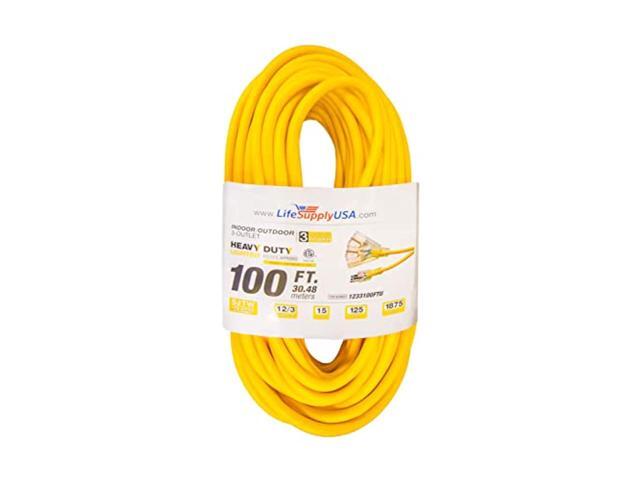 100 ft extension cord 12/3 3-outlet sjtw with lighted end - yellow - indoor / outdoor heavy duty extra durability 15amp 125v 1875w etl listed by.