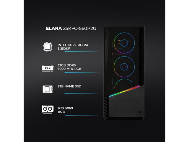 Yeyian Elara Gaming Desktop Ultra 5 250KF, RTX 5060, 32GB DDR5 6000MHz, 2TB NVMe SSD, 750W Gold PSU, WiFi 6E, Windows 11 YPI-EL25KFC-560P2U