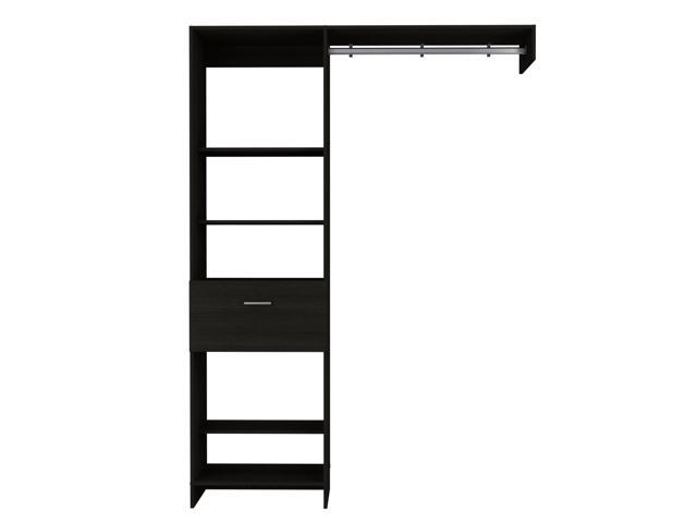 Hybrid Closet System, Five Open Shelves, One Drawer, Metal Rod