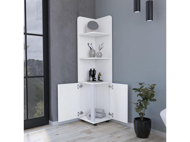 Sunriver Corner Shelf with Cabinet, 3-Tier Shelf, Metal Handles