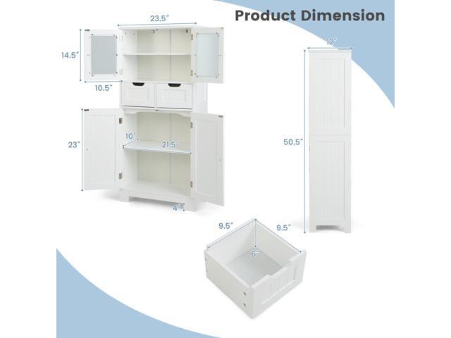 3 Tier Freee-Standing Bathroom Cabinet with 2 Drawers and Glass Doors-White