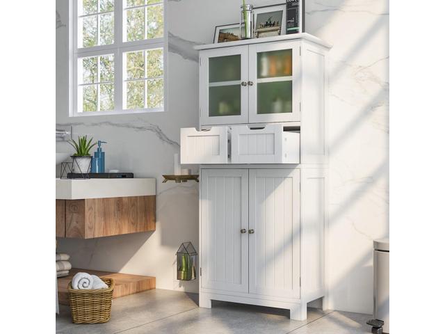 3 Tier Freee-Standing Bathroom Cabinet with 2 Drawers and Glass Doors-White