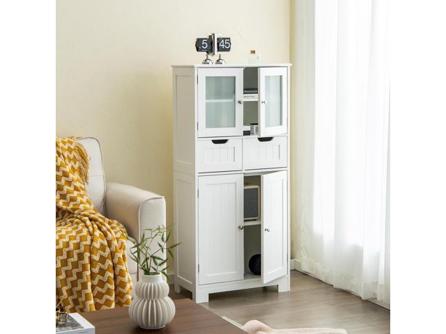3 Tier Freee-Standing Bathroom Cabinet with 2 Drawers and Glass Doors-White