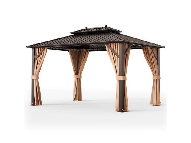 10x13ft Double-Roof Patio Hardtop Gazebo with Galvanized Steel Roof Netting and Curtains-Coffee