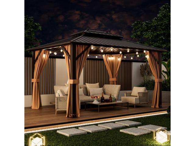10x13ft Double-Roof Patio Hardtop Gazebo with Galvanized Steel Roof Netting and Curtains-Coffee