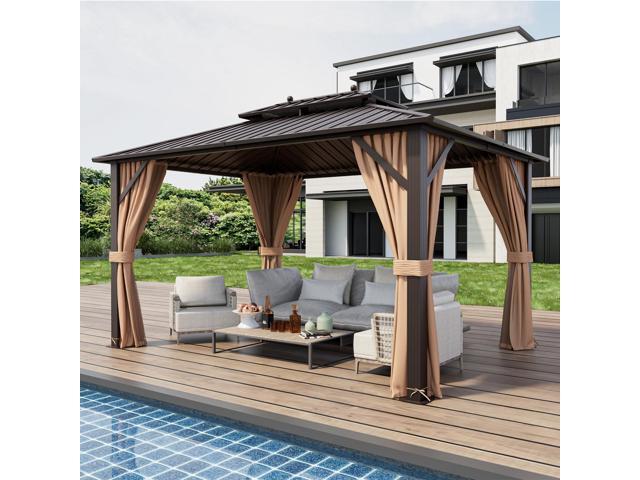 10x13ft Double-Roof Patio Hardtop Gazebo with Galvanized Steel Roof Netting and Curtains-Coffee