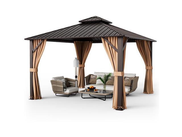 12 x 12 Feet Double-Roof Patio Hardtop Gazebo with Galvanized Steel Roof Netting and Curtains-Coffee