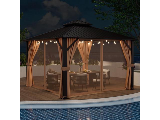 12 x 12 Feet Double-Roof Patio Hardtop Gazebo with Galvanized Steel Roof Netting and Curtains-Coffee