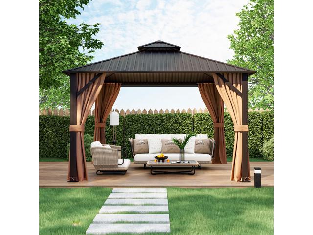 12 x 12 Feet Double-Roof Patio Hardtop Gazebo with Galvanized Steel Roof Netting and Curtains-Coffee