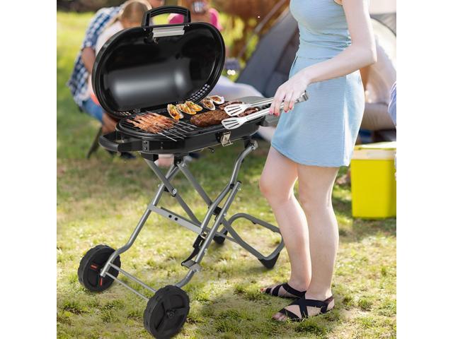 15000 BTU Portable Propane BBQ Grill with Wheels and Side Shelf-Black