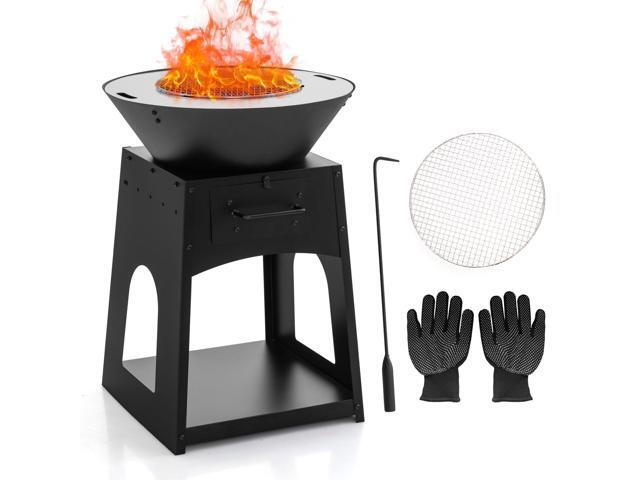 Patio Fire Pit with Firewood Log Rack with Grill and Ash Box-Black