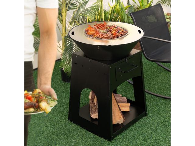 Patio Fire Pit with Firewood Log Rack with Grill and Ash Box-Black