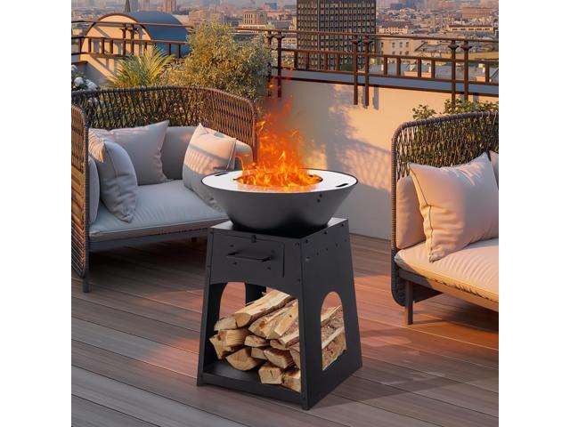 Patio Fire Pit with Firewood Log Rack with Grill and Ash Box-Black